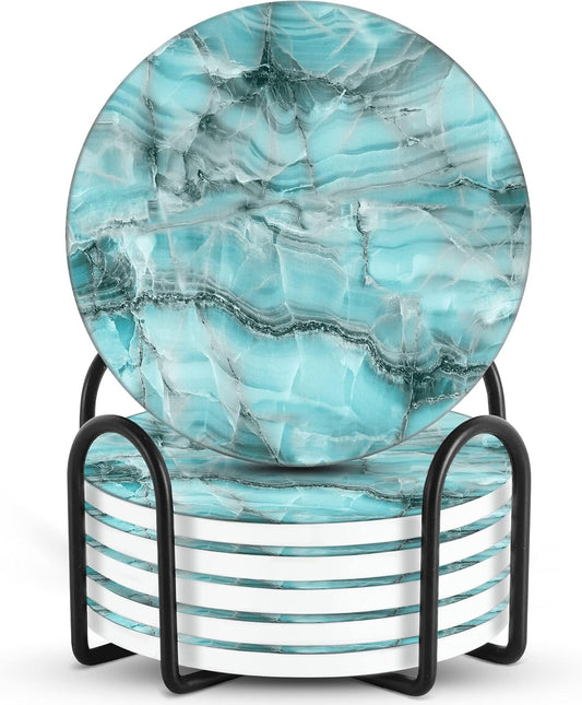 Emerson Coasters for Drinks Absorbent – Natural Stone Drink Coasters Set with Holder, Coasters for Coffee Table, Wooden Tabletop Protection Marble Style – 100% Heavy Duty Set of 6 (Aura)