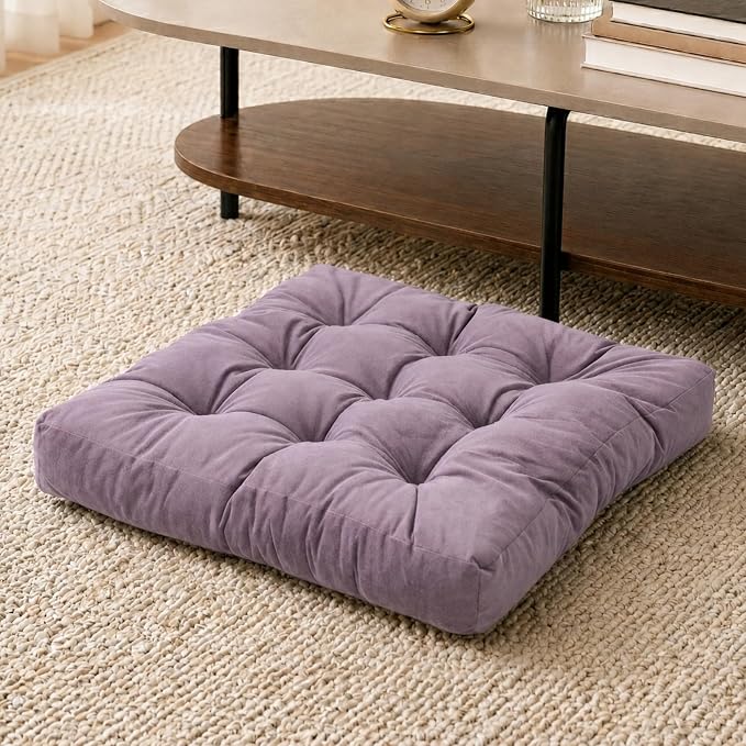 Floor Pillow for Adults, Soft Velvet Floor Cushion for Sitting, Single Square Tufted Floor Pillow for Reading Nook, Living Room, Bedroom, 22 x 22 Inch, Lavender