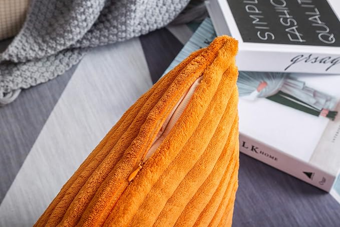 TangDepot Velvet Big Corduroy Pillow Covers 12x24 Deep Orange 2-Pack | Soft wide-stripe corduroy pillow cover, hidden zipper, machine washable, easy refresh, for bedroom living room indoor outdoor