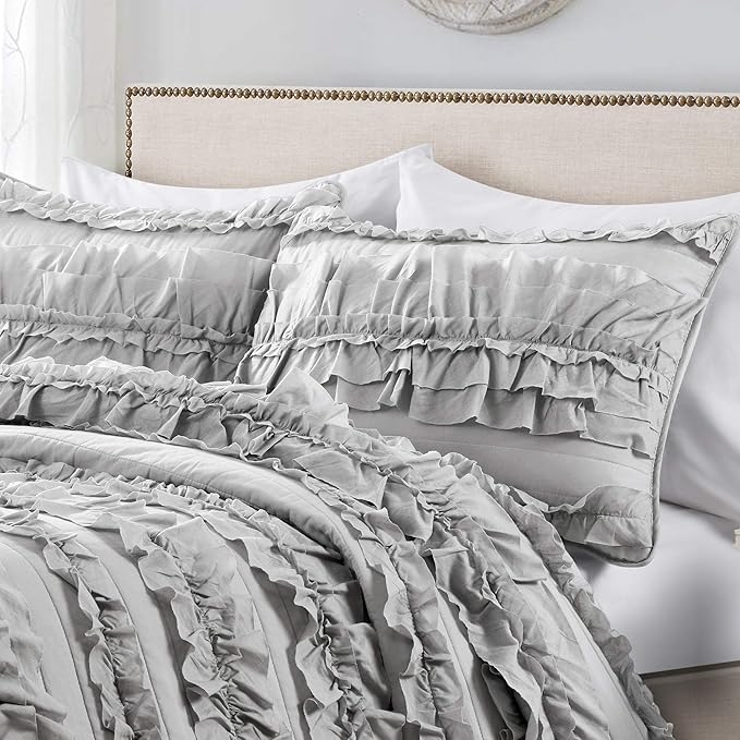 Lush Decor Belle Quilt Queen Size 3 Piece Set Full/Queen Light Grey - Ruffle Bedding Set - Cute Quilt - Coquette Decor - Queen Bedding