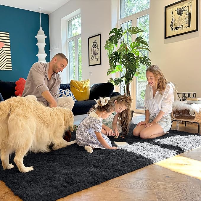 OLANLY 7x9 Machine Washable Large Area Rugs for Living Room, Bedroom, Soft Fluffy Shaggy Bedside Rug, Indoor Floor Carpet for Kids Girls and Boys, Dorms, Nursery, Home Decor Aesthetic, Black