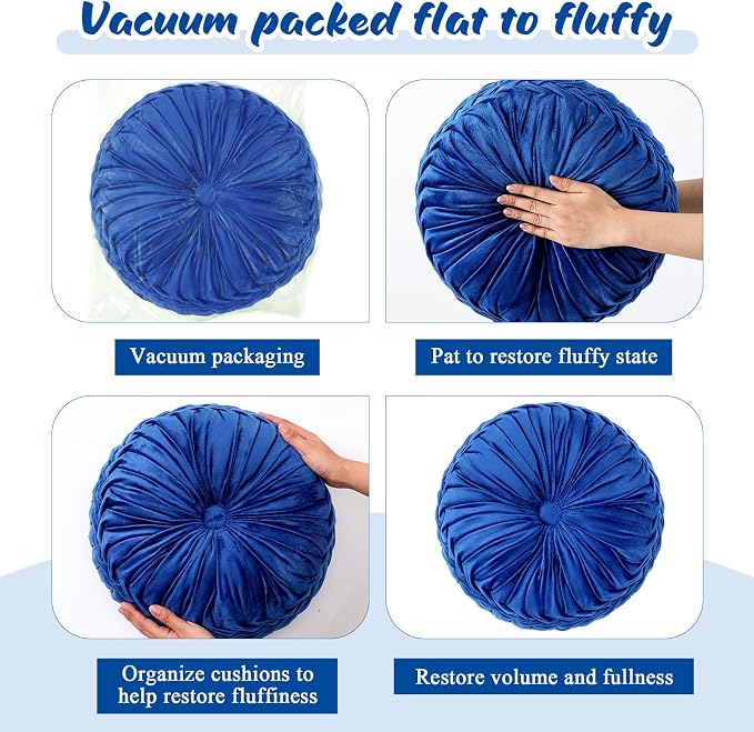 Drydiet 1 Pcs Round Throw Velvet Pillows Decorative Pleated Throw Pillows Diameter Accent Pumpkin Boho Chair Cushion for Couch Sofa Home Decoration (Royal Blue,15'')