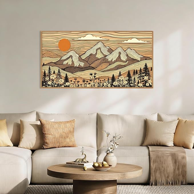 HPNIUB Large Boho Woodcut Mountain Framed Wall Art Set,Abstract Forest Wall Decor,Vintage Sunset Brown Art Print,Nature Wilderness Scenery Artwork for Living Room, Bedroom,Farmhouse -20"x40"