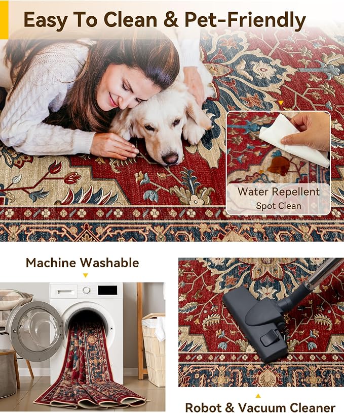 RELEANY Area Rugs Square 7ft Washable Non-Slip, Floral Vintage Distress Medallion Carpet for Living Room Bedroom Dining Room, Red Blue