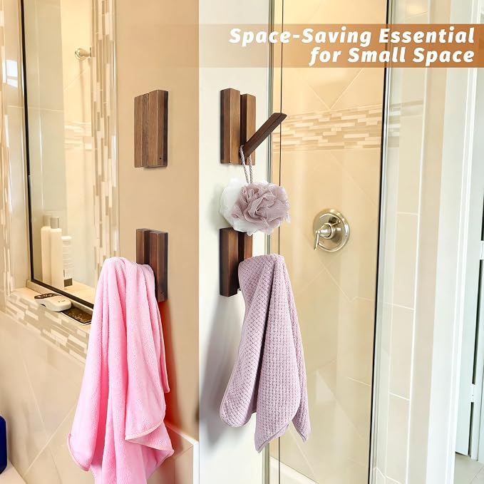 Foldable Wall Hooks 4Pack: Rustic Wooden Coat Hooks Mounted for Heavy Duty Hanging Towels Backpack Bags Hats, Space Saving Minimalist Decorative Hooks for Aesthetic Homeowners