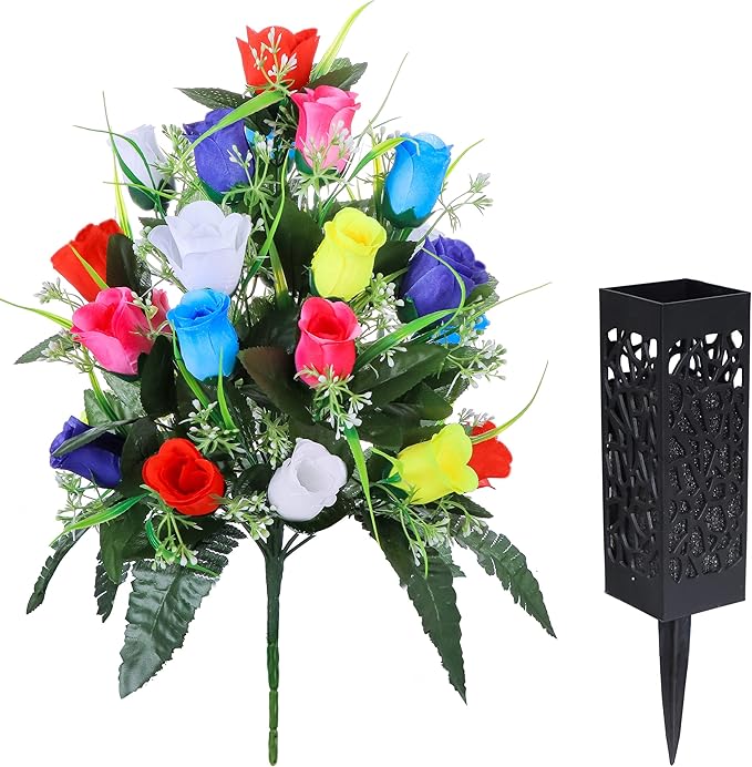 LVXINLI 2 Sets Artificial Cemetery Flowers,Outdoor Grave Decorations Roses,Beautiful Arrangements Bouquet with Cemetery Vase,Lasting and Non-Bleed Colors (Colorful)