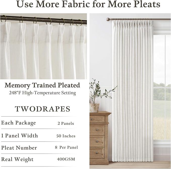 Ivory Linen Curtains 72 Inches Long 2 Panels Set for Living Room Bedroom Pinch Pleated Back Tab Drapes Neutral Modern Farmhouse Semi Sheer 72 Inch Curtains for Dining Room Window Cabin Beige White