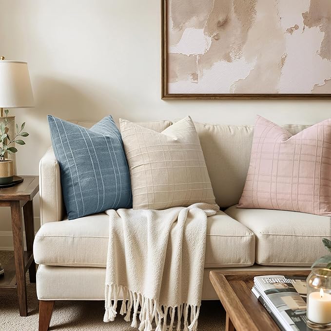 MIULEE Decorative Linen Check Throw Pillow Covers Neutral Farmhouse Vintage Spring Valentine Spring Pillow Covers 18x18 Set of 2 Boho Modern Home Decor for Sofa Couch Bedroom Cushion Light Pink