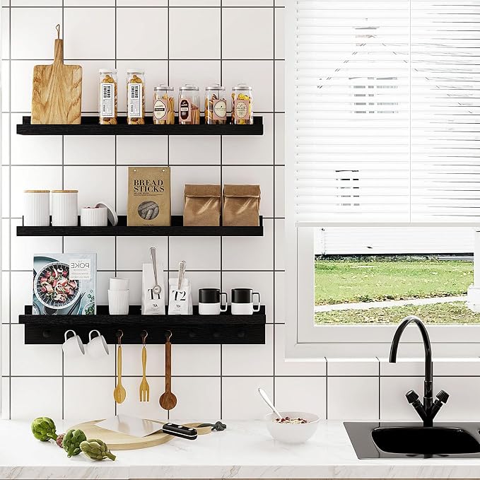 MBYD Solid Wood Black Floating Shelves for Entryway, 24 Inch Wall Shelf with Hooks & Wooden Pegs, Modern Versatile Picture Ledge to Organize Living Room, Bedroom, Declutter Items & Hang Keys, Bags