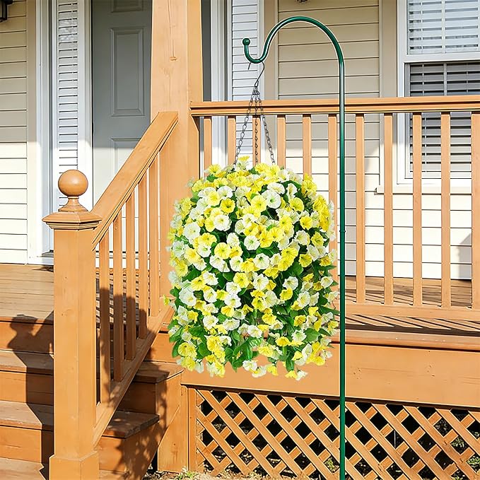 INXUGAO Artificial Flowers with Hanging Basket, Outdoor Faux Plants Silk Morning Glory Vines, Fake Green Arrangement for Garden Patio Spring Summer Decor(4pcs,Yellow White)