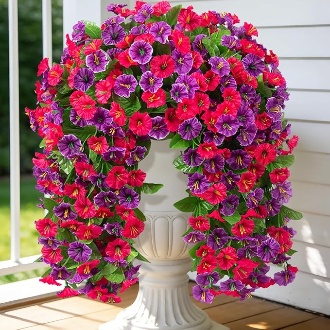 INXUGAO Artificial Fake Hanging Flowers Plants for Outdoor Spring Summer Decoration, 2PCS Faux Silk Morning Glory Long Vines Stems UV Resistant Look Real for Outside Home Porch Patio, Hot Pink Purple