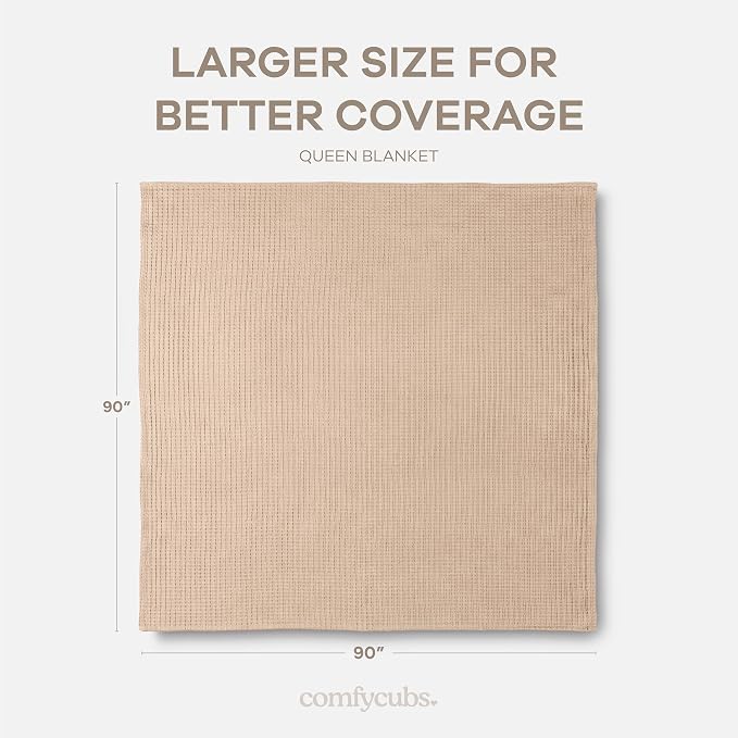 Comfy Cubs Waffle Blanket Queen, 90" x 90" - 100% Cotton Lightweight Breathable Bed Blanket - Soft Textured Thermal Weave for All Seasons – Decorative Cozy Layer for Couch, Sofa, or Bed - Blush