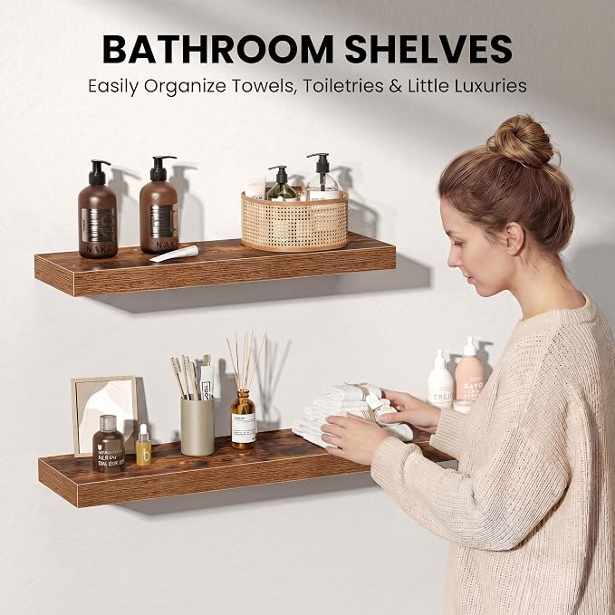 Fun Memories 36Inch Floating Shelves for Wall, 8 Inch Deep Shelves for Bathroom|Bedroom|Kitchen, Large Wall Mounted Wood Hanging Shelf with Invisible Brackets for Home Storage Decor, Brown - 2 Pack