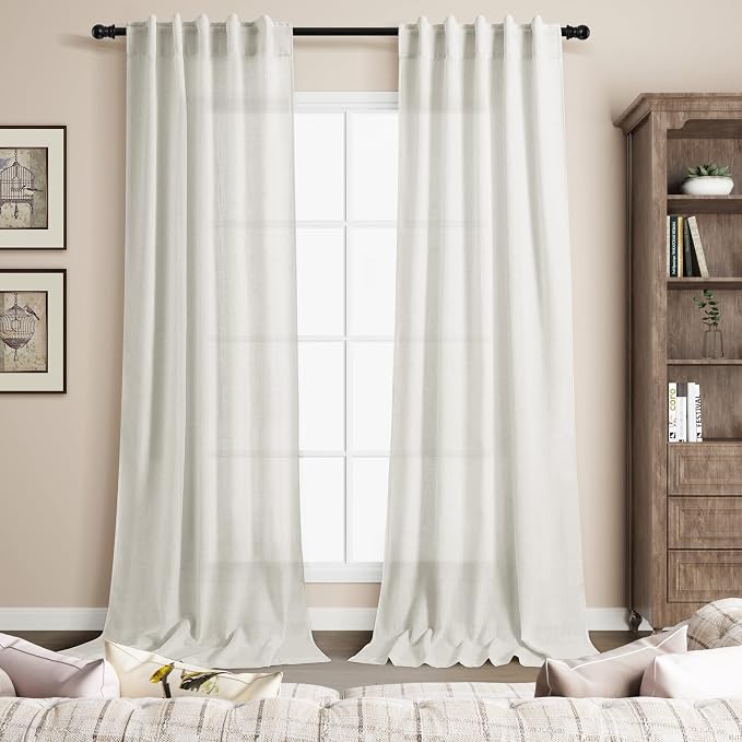 Extra Long Curtains 120 inch Length 2 Panels Set Back Tab Neutral Farmhouse Drapes Light Filtering Semi Sheer Linen Curtain 120 inches Long for Floor to Ceiling Window Ivory Cream 38 inches Wide