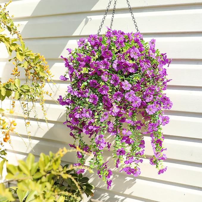 Artificial Flowers for Outdoors Faux Plants for Spring Summer Decoration,6 Bundles UV Resistant Realistic Silk Hanging Flowers Indoor Garden Porch Patio Balcony Yard Farmhouse（Purple）