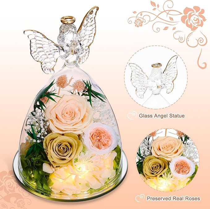 Mothers Day Rose Gifts for Women Preserved Real Flower in Glass Angel Figurines Roses for Delivery Prime Birthday Gifts for Mom Grandma Girlfriend Wife Her, ChampagneGold Austin