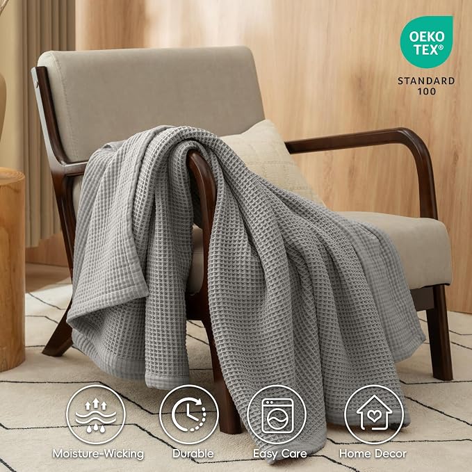 PHF 100% Cotton Waffle & Muslin Throw Blanket Large, Soft Breathable Luxury 400GSM Versatile Reversible Bedding for Couch, Great for Layering in Cold Weather, Home Decor Gift, 50" x 70", Frosted Grey