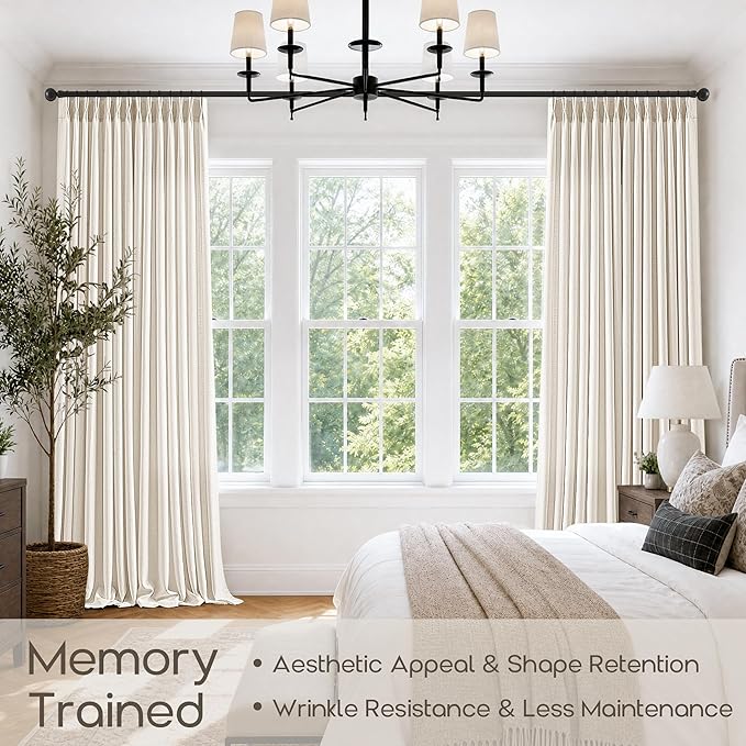 Extra Wide Pinch Pleated Natural Curtains 120 Inch 1 Panel for Living Room Sliding Door 70 Inch Wide Light Filtering Linen Textured Curtains with Hooks Rings Memory Trained Large Window Drapes 70x120