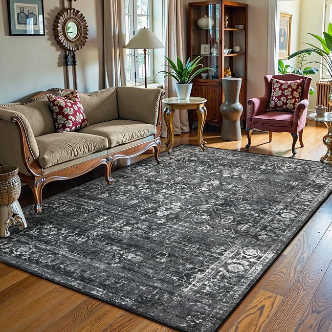 Lahome Margot 6x9 Area Rugs Washable Rugs for Bedroom Large Black Area Rug for Bedroom,Soft Vintage Distressed Rug Non Slip Stain Resistant Indoor Carpet for Dining Decor