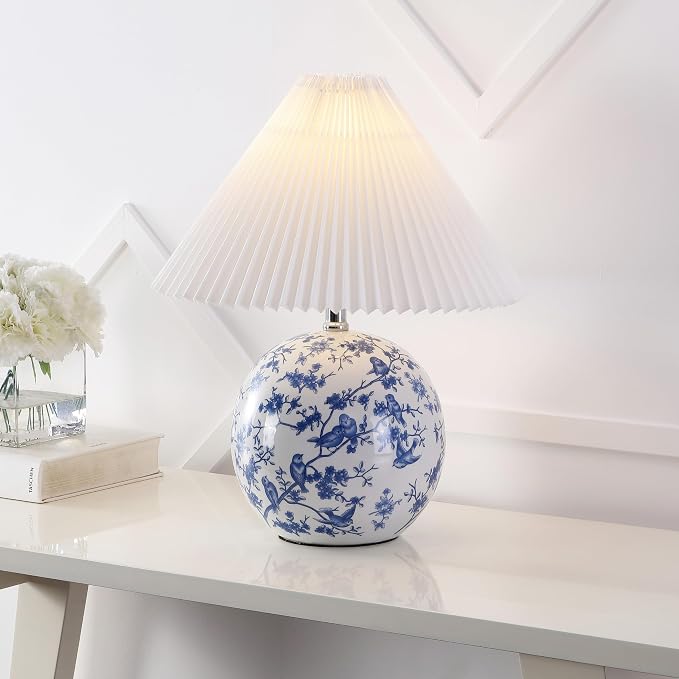 JONATHAN Y 19.5" White/Blue Shishen Chinoiserie Ceramic Table Lamp, Traditional Hand-Painted Floral Cottage Lamp with White Pleated Linen Shade, LED Bulb Included (JYL5056B)