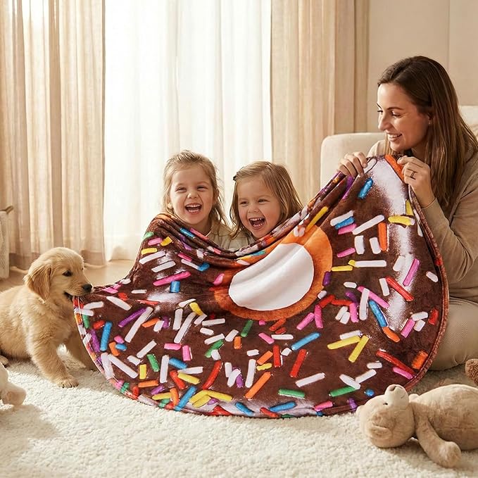 Vessia Brown Donuts Printed Throw Blanket, Realistic Funny Food Blanket for Adults and Kids, 300GSM Soft Giant Donuts Throw for Couch, Sofa, Bed, Fun Decor for All Seasons (60 inches)