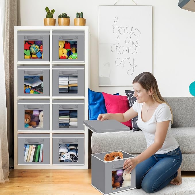 Threehoney 10 Pcs Fabric Storage Cubes with Lids and Clear Windows 11x11 Inch Foldable Closet Organizer Bins Aesthetic Light Gray Storage Bins for Shelves Dorm Essentials Craft & Office Organization