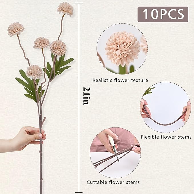 Waipfaru 10pcs Fake Silk Pompon Mum Artificial Flowers, Bulk Faux Mini Chrysanthemums, for Centerpieces Wedding Fillers Champagne Arrangements Boho Decor, No vase, Beige