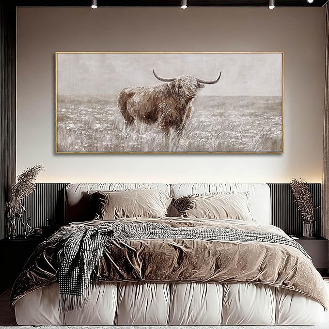 MLART99 Rustic Highland Cow Canvas Vintage Animal Print Brown Ox Wall Art Extra large Artwork- 32x70 Inch Decorative Piece for Country Style Home Decor for Living Room Entryway