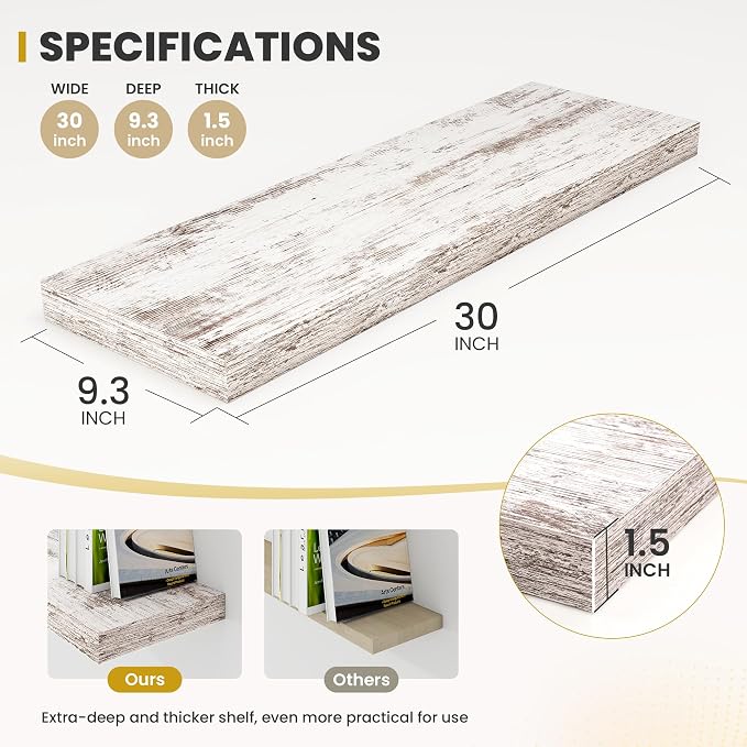 Acovy 30 Inch Floating Shelves, 9.3" Deep Floating Shelf Wall Mounted, 30" Wall Shelves, Rustic Deep Bookshelf, Large Display Shelves & Storage Shelves for Bedroom, Living Room, Rustic, Set of 2