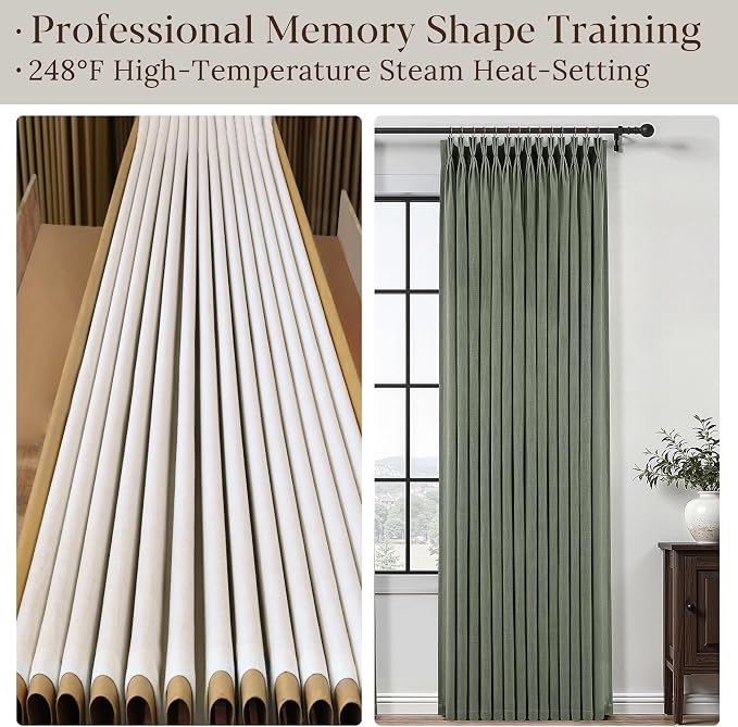 90 Inch Triple Pinch Pleated Linen Curtains 2 Panel Set for Living Room Sage Green Linen Textured Drapes 90 Inches Long Pinch Pleat Curtain Privacy Semi Sheer Light Filtering for Dining Room Office