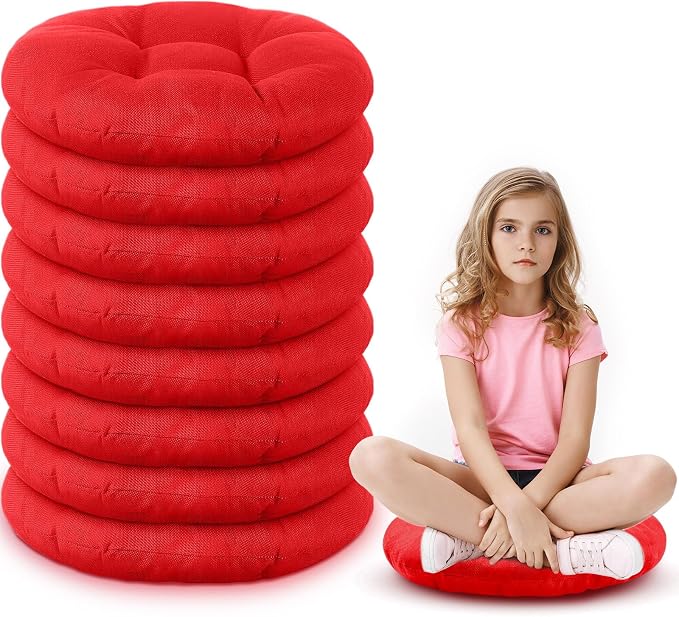 Fumete 8 Pcs 16 Inch Floor Cushions Pillow for Kids Bulk Classroom Round Flexible Seating Floor Cushions for Students Home Daycare School Reading Corner Yoga Meditation Picnic (Red)