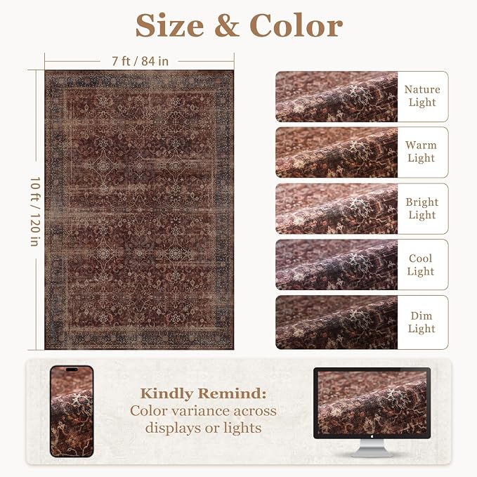 Brick Red 7x10 Rugs for Living Room, Vintage Farmhouse Dark Area Rug for Bedroom Dining Room, Low Pile Thin Print Washable Non Slip Room Carpet Rug for Home Office Family Room Guest Room
