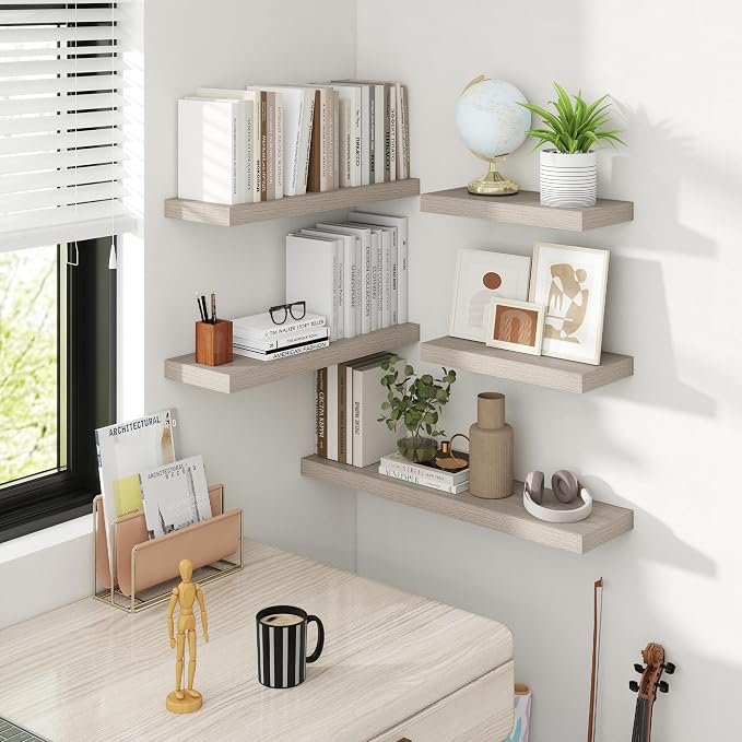 Acovy 48 Inch Floating Shelves, 8 Inch Deep Floating Shelves for Wall, Hanging Shelf with Invisible Brackets, Deep Shelves for Bathroom, Bedroom, Living Room, Grey, Set of 2