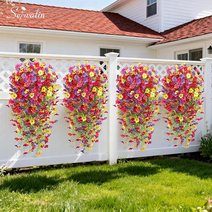 Serwalin 12PCS Artificial Hanging Flowers for Outdoors, UV Resistant Fake Hanging Plants, Realistic Weatherproof Outdoor Decor for Patio, Porch, Garden & Window (Spring Color,12PCS)