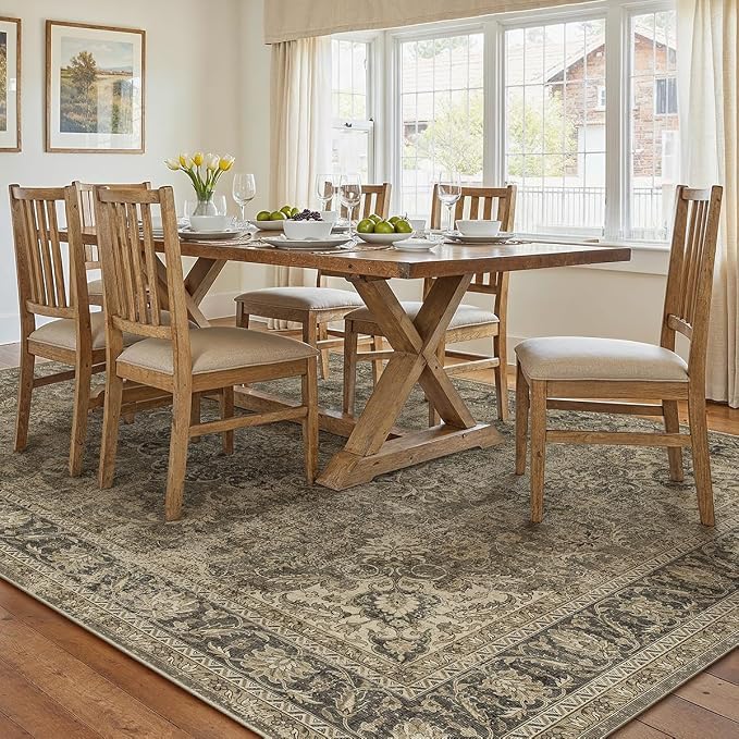 9x12 Washable Area Rug Brown Vintage Non Slip Soft Medium Pile Rug for Living Room Bedroom Dining Room Office Distressed Oriental Indoor Large Throw Carpet for Home Decor