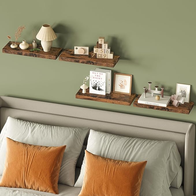 Fixwal Wood Floating Shelves, Wall Shelves Set of 4, Shelves for Wall Decor, with Invisible Brackets for Bathroom, Living Room,Bedroom and Kitchen(Rustic Brown) | Wall Shelves, for Bathroom, Living Room, Bedroom, Kitchen