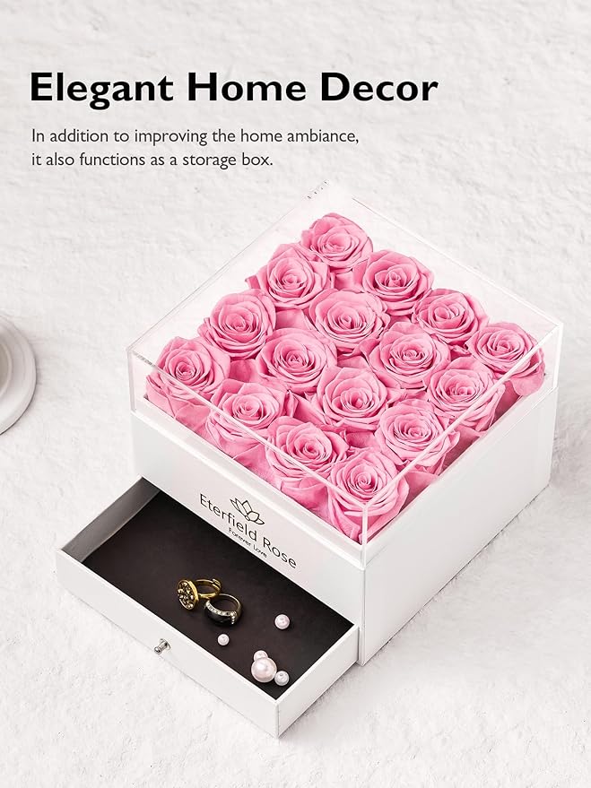 Eterfield Forever Flowers Preserved Roses Real Roses That Last Over a Year Rose Box Gifts for Her Mothers Day Valentines Day Christmas (Square White Box with Drawer, 16 Pink Roses)
