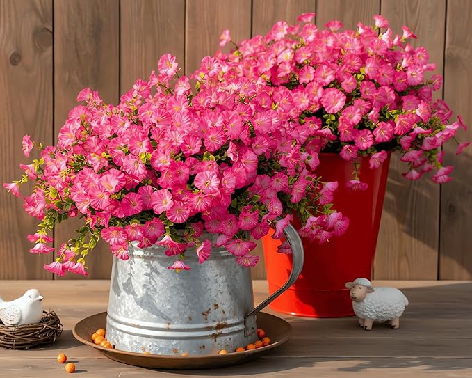 Artificial Flowers Fake Plants for Outdoor Indoor Decoration,16 Bundles UV Resistant Faux Plastic Flowers,Realistic Pink Morning Glory for Planter Porch Patio Home Table Wedding (Pink)
