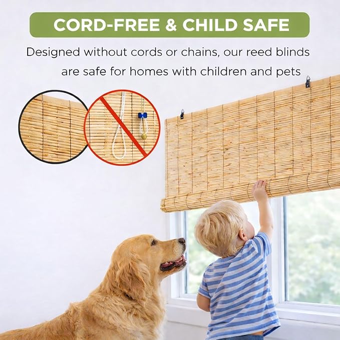 FOREVER BAMBOO Light-Filtering Cordfree Bamboo Reed Blinds Shades for Windows Manual Roman Blind Roll-Up Shades Natural 48 in W x 72 in H