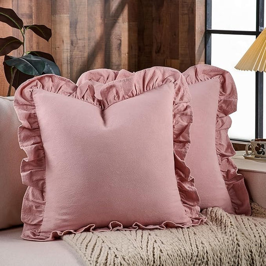 AmHoo Pack of 2 Throw Pillow Covers 100% Cotton Pre Washed Ruffle Decorative Pillowcase Cushion for Couch Sofa Bedroom 20 x 20-Inch Bridal Rose