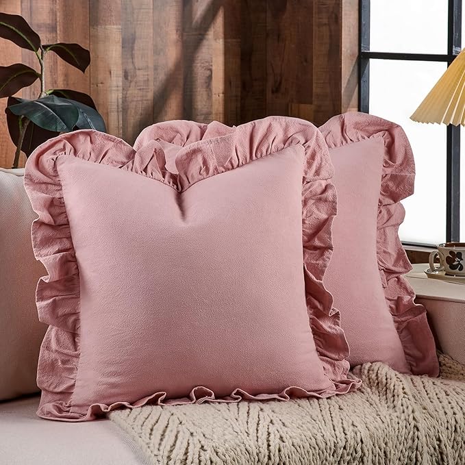 AmHoo Pack of 2 Throw Pillow Covers 100% Cotton Pre Washed Ruffle Decorative Pillowcase Cushion for Couch Sofa Bedroom 18 x 18-Inch Bridal Rose