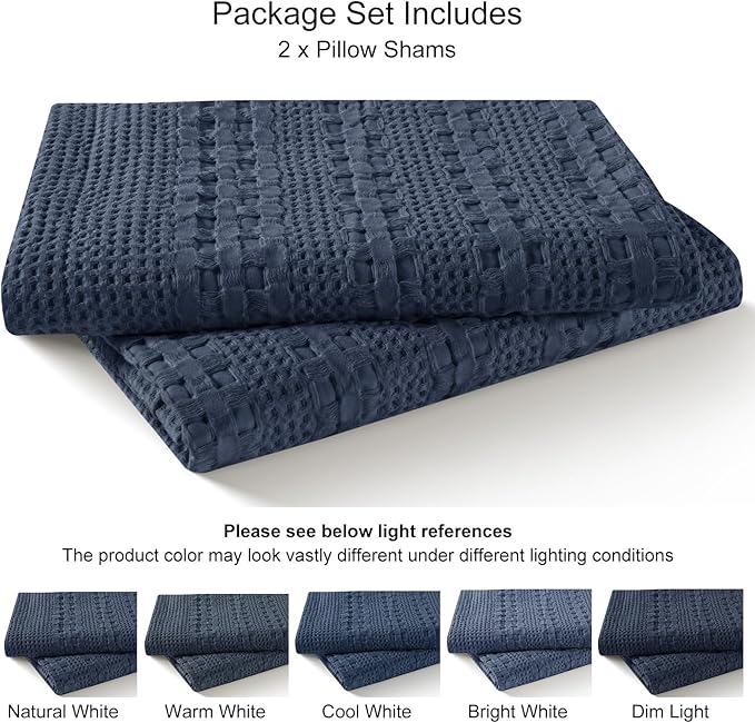 PHF 100% Cotton Ruffle Waffle Weave Euro Sham Covers, 2 Pack 26" x 26" Bed Pillow Covers for Elegant Home Decor, No Filling, Luxury Aesthetic Euro Pillow Cases for Bed, Indigo
