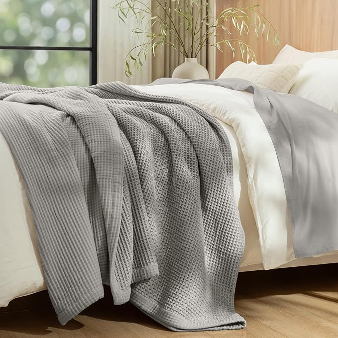 PHF 100% Cotton Waffle & Muslin Blanket Twin Size, Soft Breathable Luxury 400GSM Versatile Reversible Bedding for Bed, Great for Layering in Cold Weather, Home Decor Gift, 66" x 90", Frosted Grey