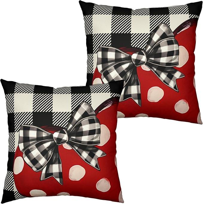 Valentines Day Throw Pillow Covers 16x16 Buffallo Plaid Valentines Pillow Covers Polka Dot Red Love Heart with Bow Decoarative Pillow Case for Living Room Couch Sofa