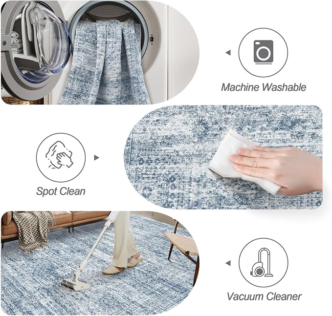 Soalmost 9x12 Area Rugs for Living Room, Non Slip Machine Washable Vintage Rugs, Low Pile Lightweight Large Rug for Bedroom, Dining Room, Home Office Blue