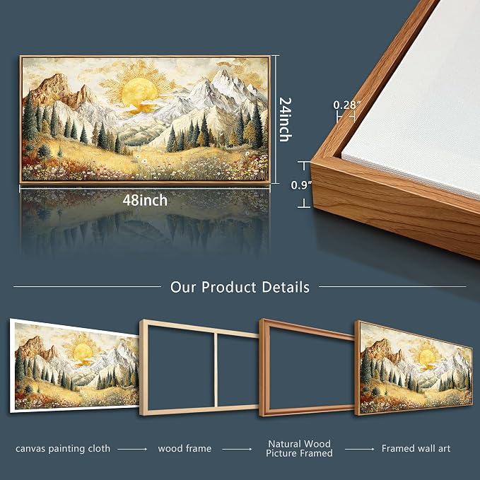 XIGUANGART Framed Large Canavs Wall Art,Mountain Wall Art,Wildflower Forest Art,Modern Farmhouse Decor,Living Room Pictures Paintings,Sunrise Artwork for Walls,Landscape Bedroom Office Decorations