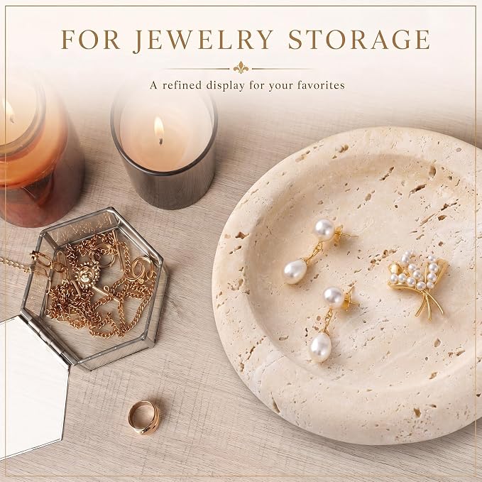 Threehoney 5.5 Inch Small Travertine Stone Tray Marble Jewelry Dish Trinket Tray for Women, Perfume, Coffee Table (Round)