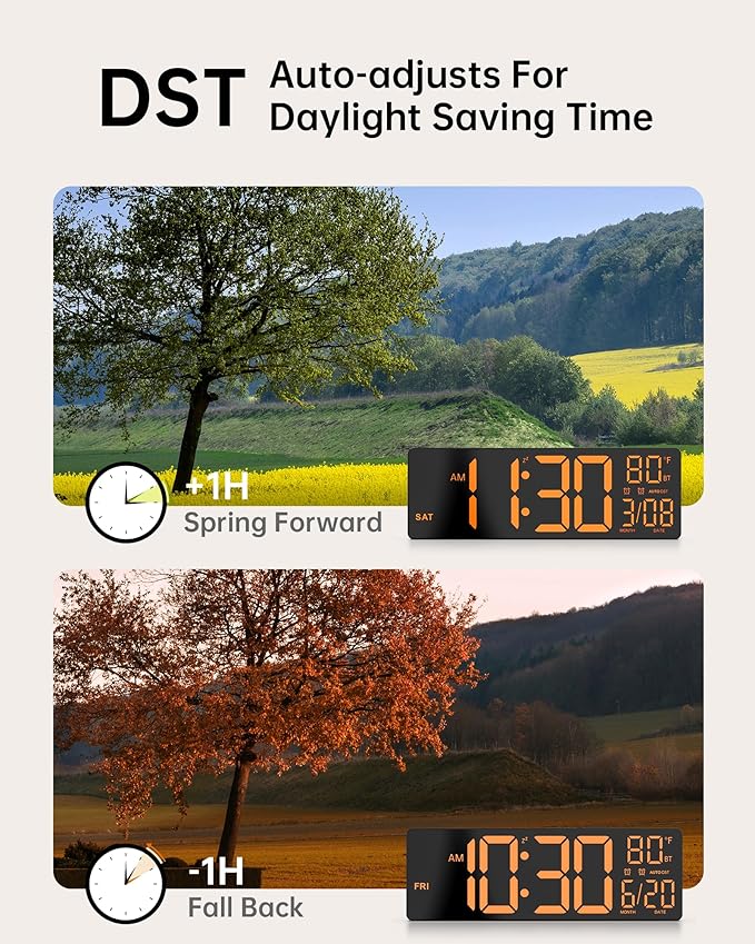 EASYERA 12" Digital Wall Clock for Classroom Livingroom Game Home Decor with LED Display RGB Lights, BIuetooth Sync, Dual Alarms, Auto DST, Countdown, Remote Control, Temperature