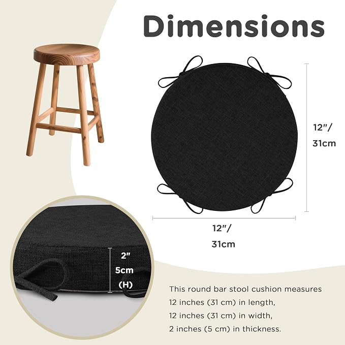 AddGrace Round Bar Stool Cushions with Ties Set of 1 Non Slip Seat Cushions 12x12 Inch Washable Chair Pads Removable Washable Cover Black