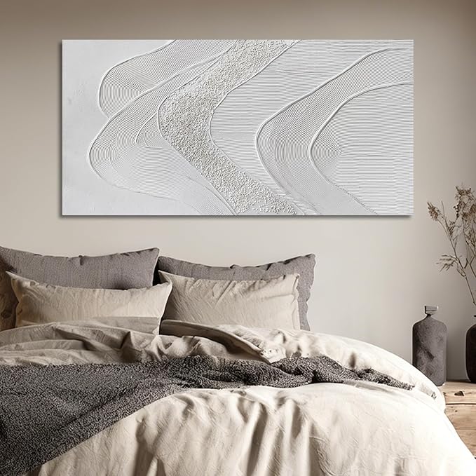 Minimalist White Abstract Wall Art, Hand Painted Textured Canvas in Neutral Beige and Cream Tones, Modern Gallery Wrapped Wall Decor for Living Room Bedroom Dinning Room, Ready to Hang, 24×48 Inch